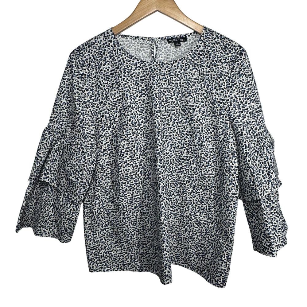 J,Crew Mercantile Top Women 14 Blue Ditsy Floral Tiered Flare Sleeve Spring Prep